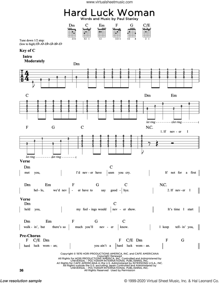 Hard Luck Woman sheet music for guitar solo (lead sheet) by KISS and Paul Stanley, intermediate guitar (lead sheet)