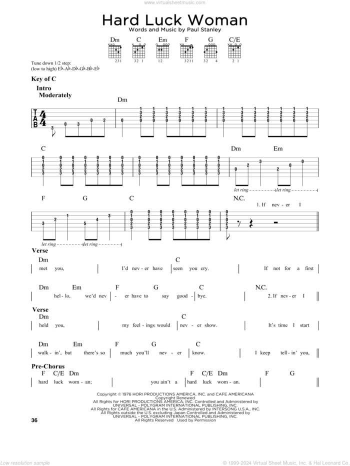 Hard Luck Woman sheet music for guitar solo (lead sheet) by KISS and Paul Stanley, intermediate guitar (lead sheet)