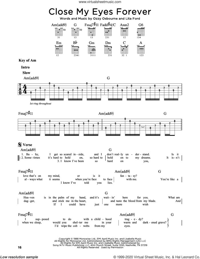 Close My Eyes Forever sheet music for guitar solo (lead sheet) by Ozzy Osbourne and Lita Ford, intermediate guitar (lead sheet)