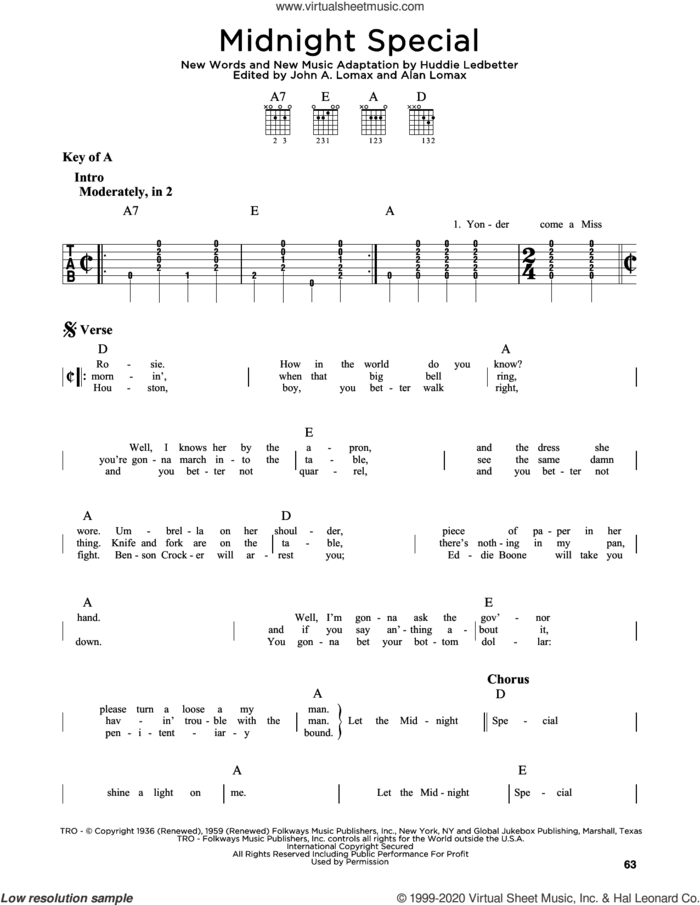 Midnight Special sheet music for guitar solo (lead sheet) by Lead Belly, Alan Lomax (ed.), Huddie Ledbetter and John A. Lomax (ed.), intermediate guitar (lead sheet)