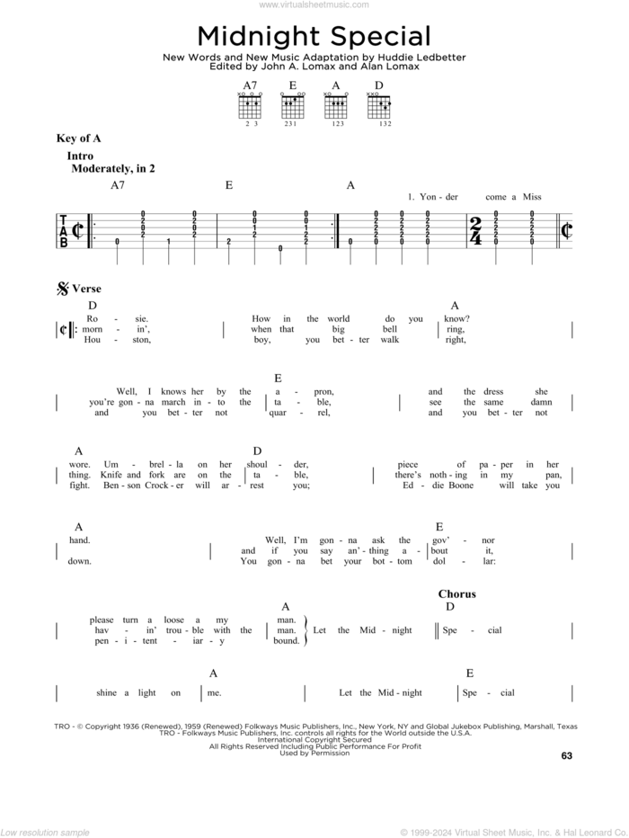 Midnight Special sheet music for guitar solo (lead sheet) by Lead Belly, Alan Lomax (ed.), Huddie Ledbetter and John A. Lomax (ed.), intermediate guitar (lead sheet)