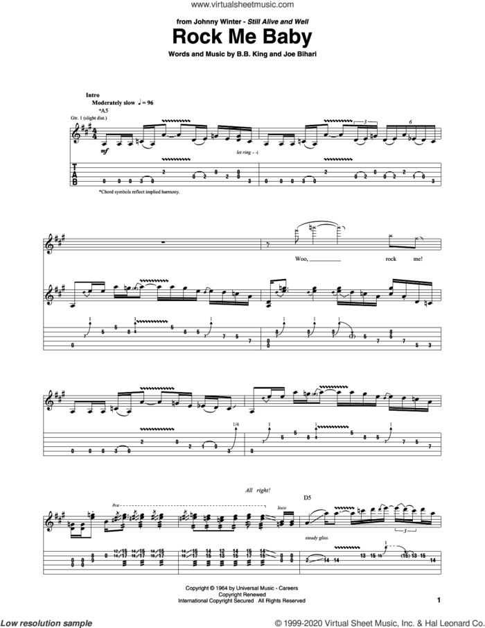 Rock Me Baby sheet music for guitar (tablature) by Johnny Winter, B.B. King and Joe Bihari, intermediate skill level