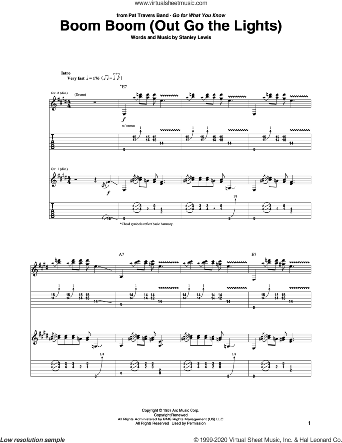 Boom Boom (Out Go The Lights) sheet music for guitar (tablature) by Pat Travers and Stanley Lewis, intermediate skill level