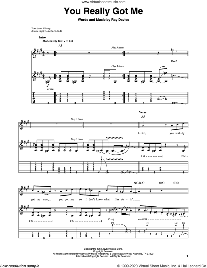 You Really Got Me sheet music for guitar (tablature, play-along) by Ray Davies, Edward Van Halen and The Kinks, intermediate skill level