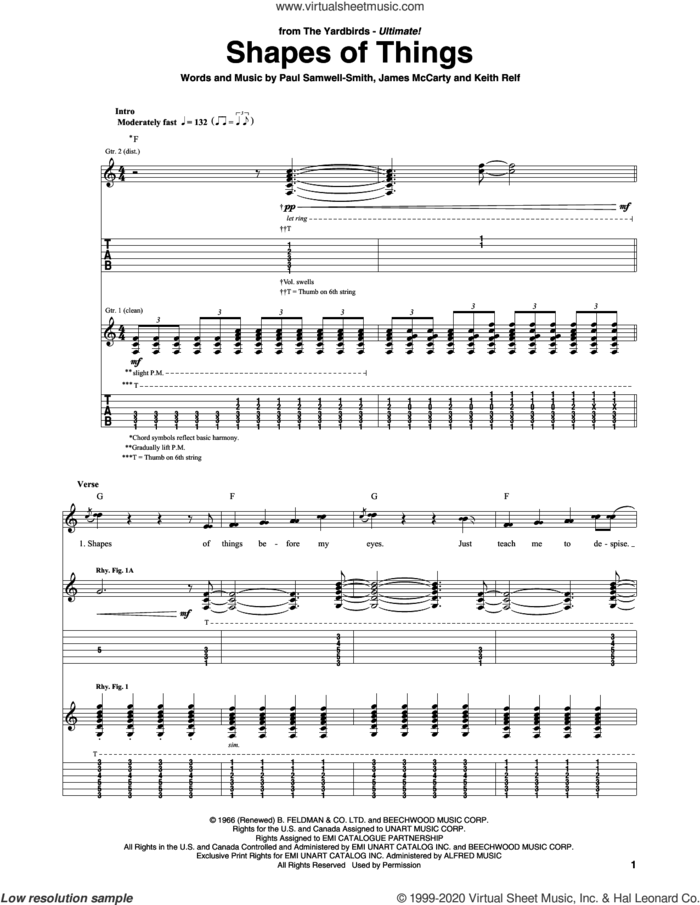 Shapes Of Things sheet music for guitar (tablature) by The Yardbirds, James McCarty, Keith Relf and Paul Samwell-Smith, intermediate skill level