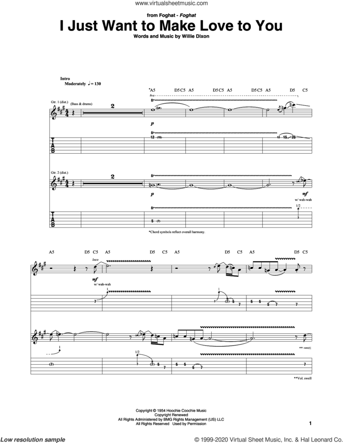 I Just Want To Make Love To You sheet music for guitar (tablature) by Foghat and Willie Dixon, intermediate skill level