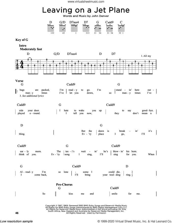 Leaving On A Jet Plane sheet music for guitar solo (lead sheet) by John Denver, intermediate guitar (lead sheet)