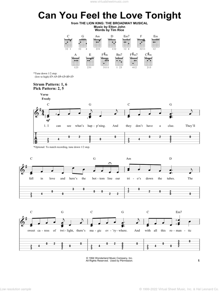 Can You Feel The Love Tonight (from The Lion King) sheet music for guitar solo (easy tablature) by Elton John and Tim Rice, wedding score, easy guitar (easy tablature)