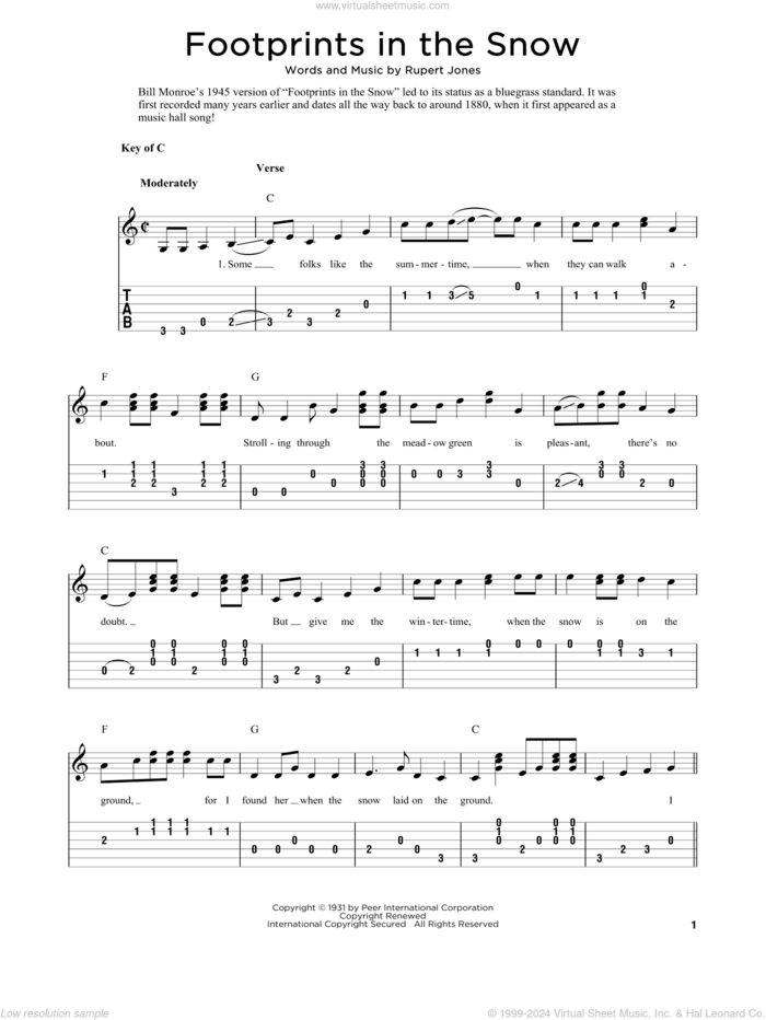 Footprints In The Snow (arr. Fred Sokolow) sheet music for guitar solo by Bill Monroe, Fred Sokolow and Rupert Jones, intermediate skill level