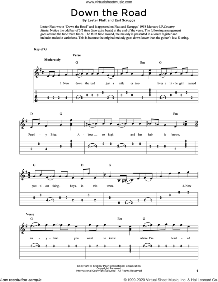 Down The Road (arr. Fred Sokolow) sheet music for guitar solo by Lester Flatt & Earl Scruggs, Fred Sokolow, Earl Scruggs and Lester Flatt, intermediate skill level