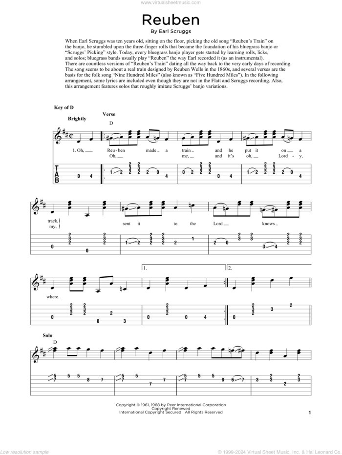 Reuben (arr. Fred Sokolow) sheet music for guitar solo by Flatt & Scruggs, Fred Sokolow and Earl Scruggs, intermediate skill level