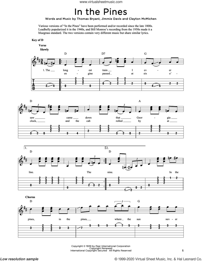 In The Pines (arr. Fred Sokolow) sheet music for guitar solo by Thomas Bryant, Fred Sokolow, Clayton McMichen and Jimmie Davis, intermediate skill level