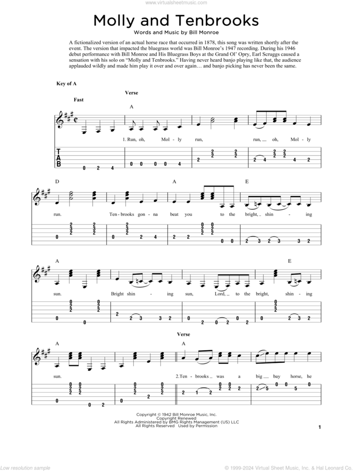 Molly And Tenbrooks (arr. Fred Sokolow) sheet music for guitar solo by Bill Monroe and Fred Sokolow, intermediate skill level