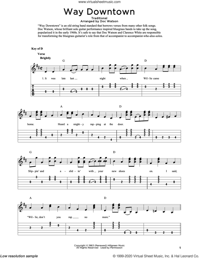 Way Downtown (arr. Fred Sokolow) sheet music for guitar solo by Nitty Gritty Dirt Band & Doc Watson, Fred Sokolow, Doc Watson and Miscellaneous, intermediate skill level