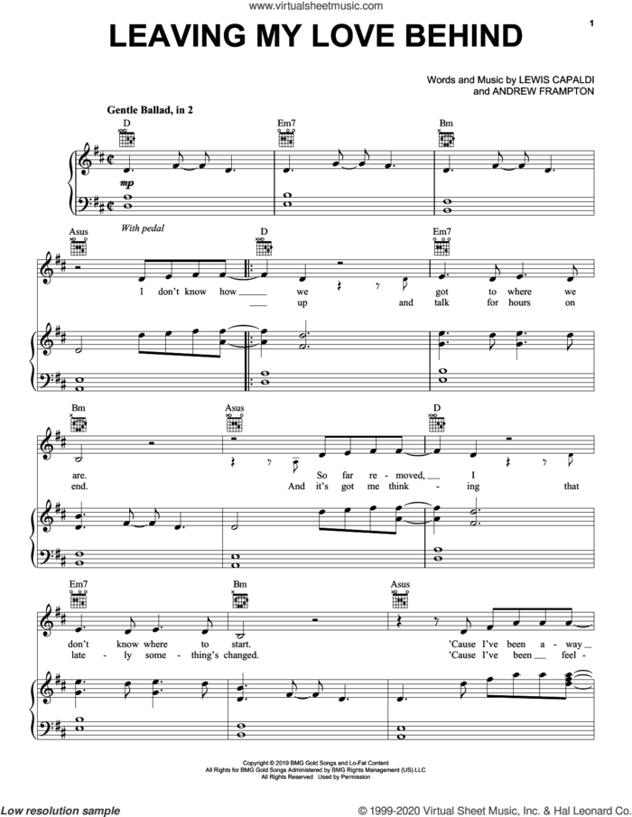 Leaving My Love Behind sheet music for voice, piano or guitar by Lewis Capaldi and Andrew Frampton, intermediate skill level
