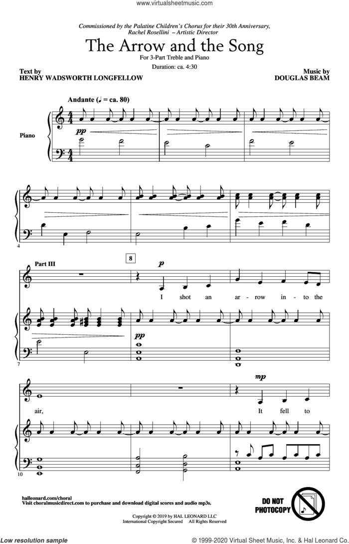 The Arrow And The Song sheet music for choir (3-Part Treble) by Douglas Beam, Henry Wadsworth Longfellow and Henry Wadsworth Longfellow and Douglas Beam, intermediate skill level