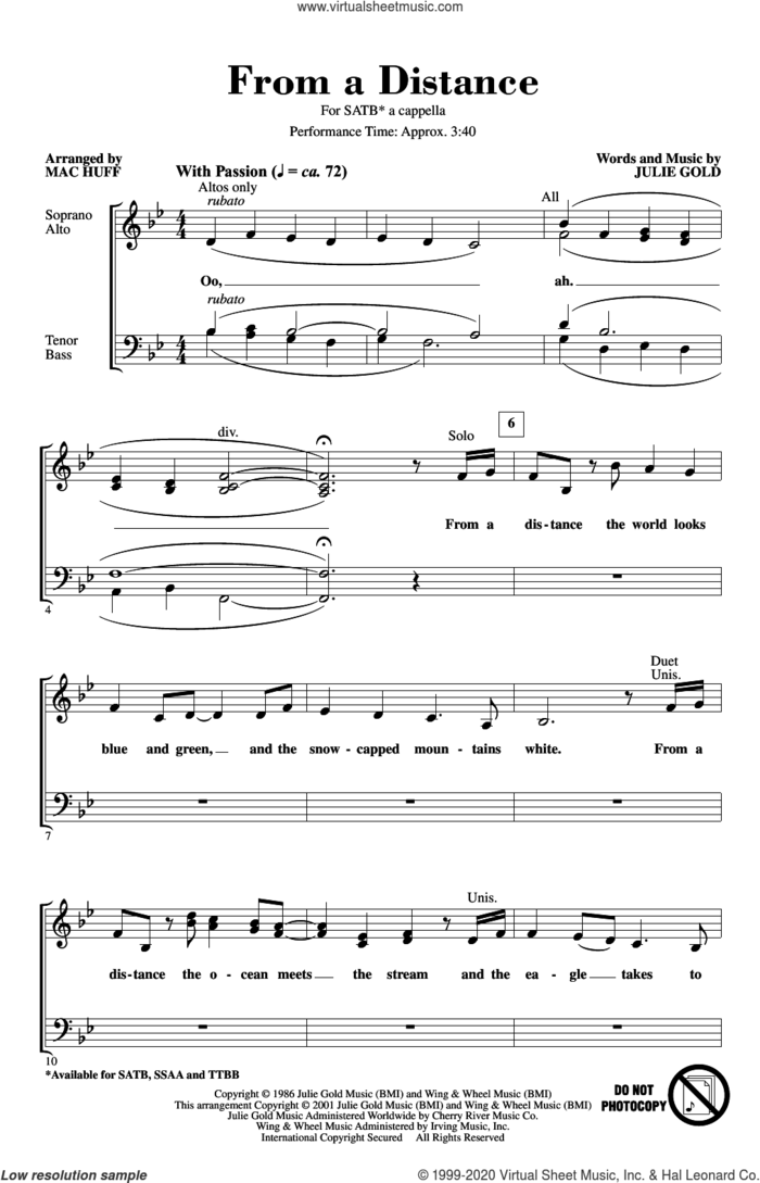 From A Distance (arr. Mac Huff) sheet music for choir (SATB: soprano, alto, tenor, bass) by Bette Midler, Mac Huff and Julie Gold, intermediate skill level