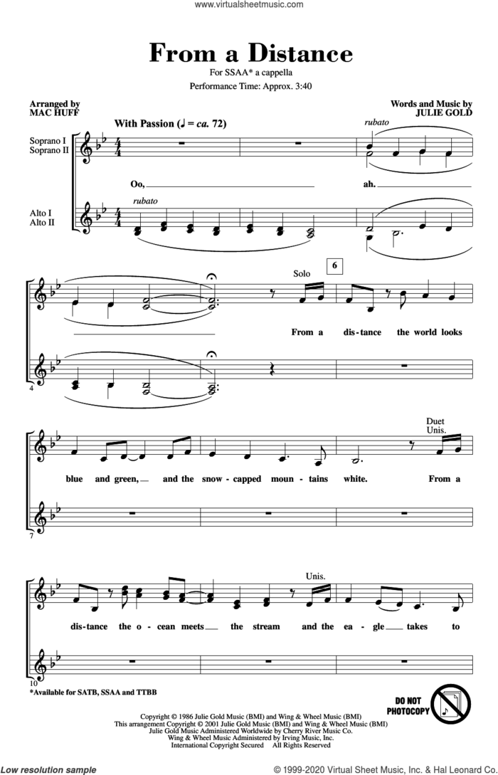 From A Distance (arr. Mac Huff) sheet music for choir (SSA: soprano, alto) by Bette Midler, Mac Huff and Julie Gold, intermediate skill level
