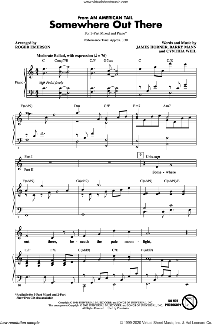 Somewhere Out There (from An American Tail) (arr. Roger Emerson) sheet music for choir (3-Part Mixed) by Linda Ronstadt & James Ingram, Roger Emerson, Barry Mann, Cynthia Weil and James Horner, intermediate skill level