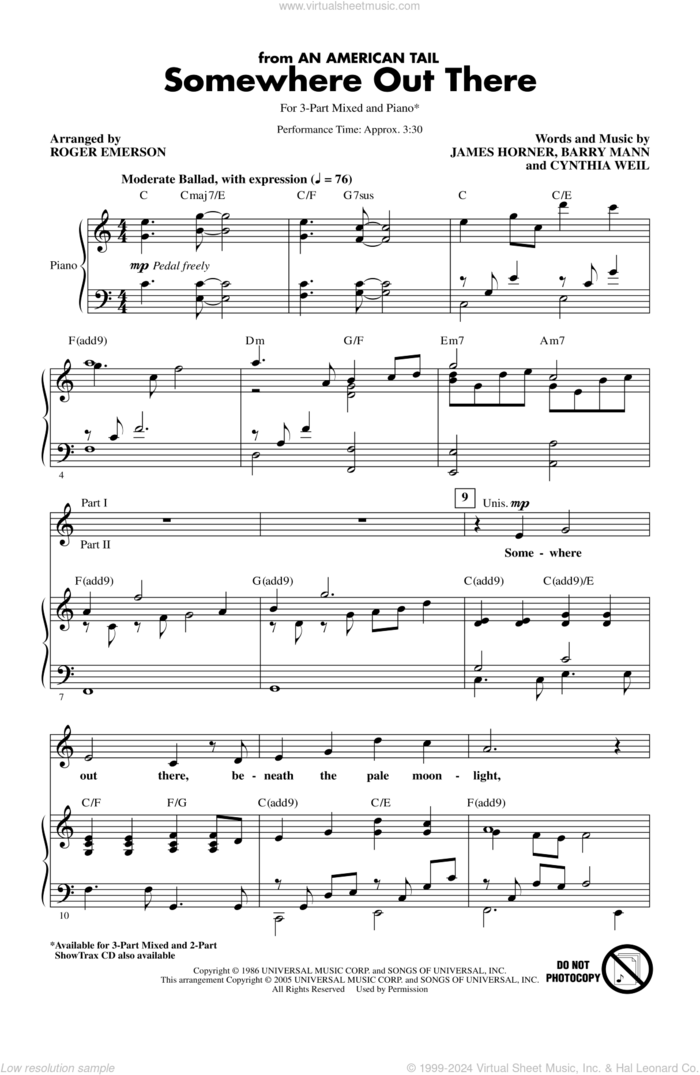 Somewhere Out There (from An American Tail) (arr. Roger Emerson) sheet music for choir (3-Part Mixed) by Linda Ronstadt & James Ingram, Roger Emerson, Barry Mann, Cynthia Weil and James Horner, intermediate skill level