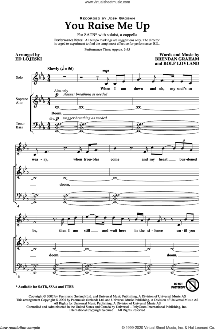 You Raise Me Up (arr. Ed Lojeski) sheet music for choir (SATB: soprano, alto, tenor, bass) by Josh Groban, Ed Lojeski, Brendan Graham and Rolf Lovland, wedding score, intermediate skill level