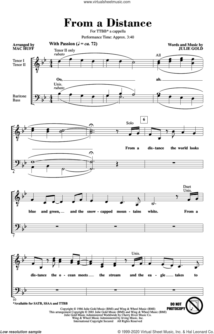 From A Distance (arr. Mac Huff) sheet music for choir (TTBB: tenor, bass) by Bette Midler, Mac Huff and Julie Gold, intermediate skill level