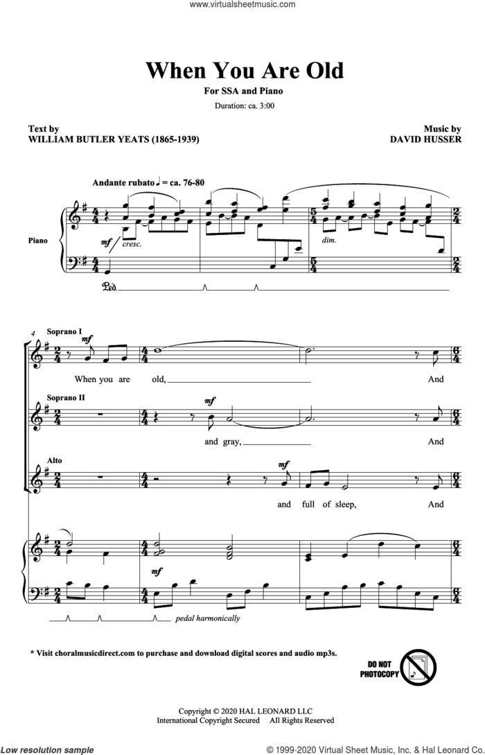 When You Are Old sheet music for choir (SSA: soprano, alto) by William Butler Yeats and David Husser, David Husser and William Butler Yeats, intermediate skill level