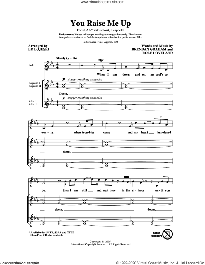 You Raise Me Up (arr. Ed Lojeski) sheet music for choir (SSAA: soprano, alto) by Josh Groban, Ed Lojeski, Brendan Graham and Rolf Lovland, intermediate skill level