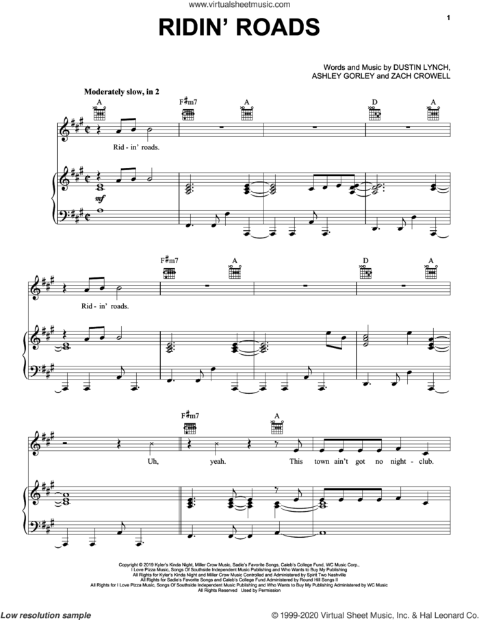 Ridin' Roads sheet music for voice, piano or guitar by Dustin Lynch, Ashley Gorley and Zach Crowell, intermediate skill level