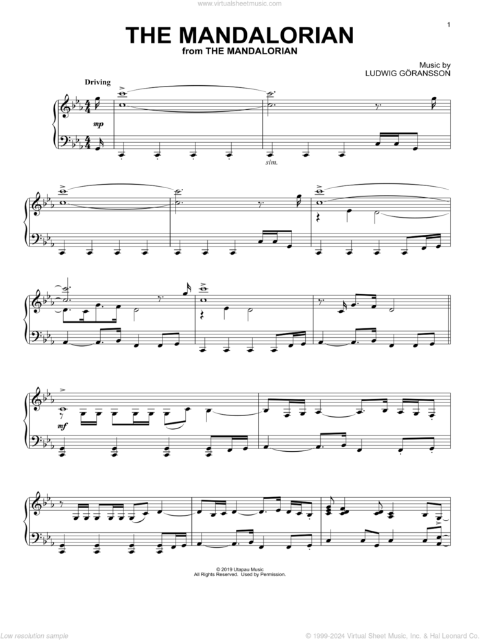 The Mandalorian (from Star Wars: The Mandalorian), (intermediate) sheet music for piano solo by Ludwig Göransson and Ludwig Goransson, intermediate skill level