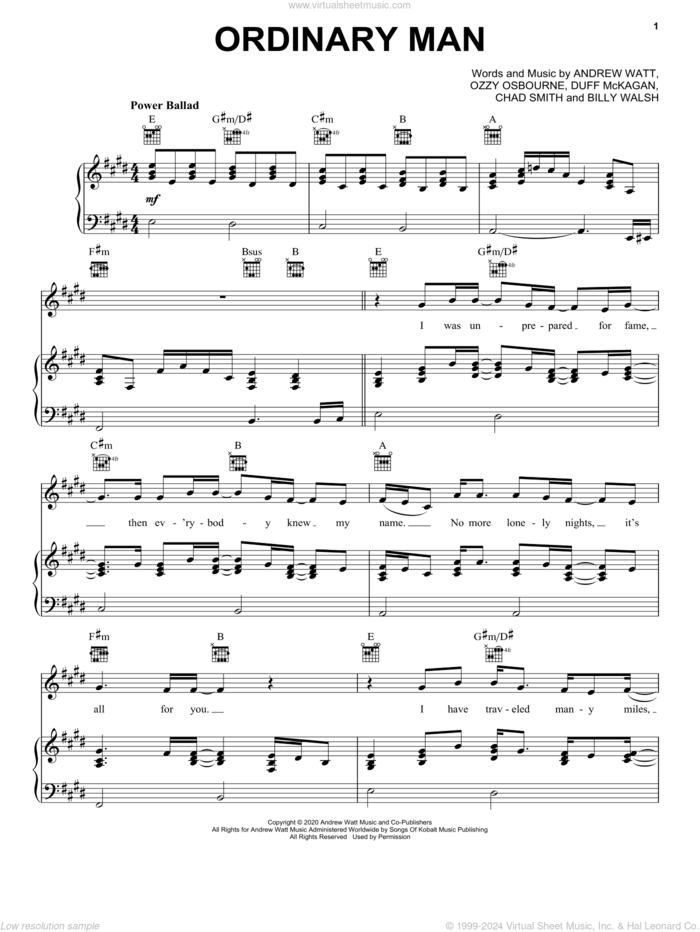 Ordinary Man (feat. Elton John) sheet music for voice, piano or guitar by Ozzy Osbourne, Andrew Watt, Billy Walsh, Chad Smith and Duff McKagan, intermediate skill level