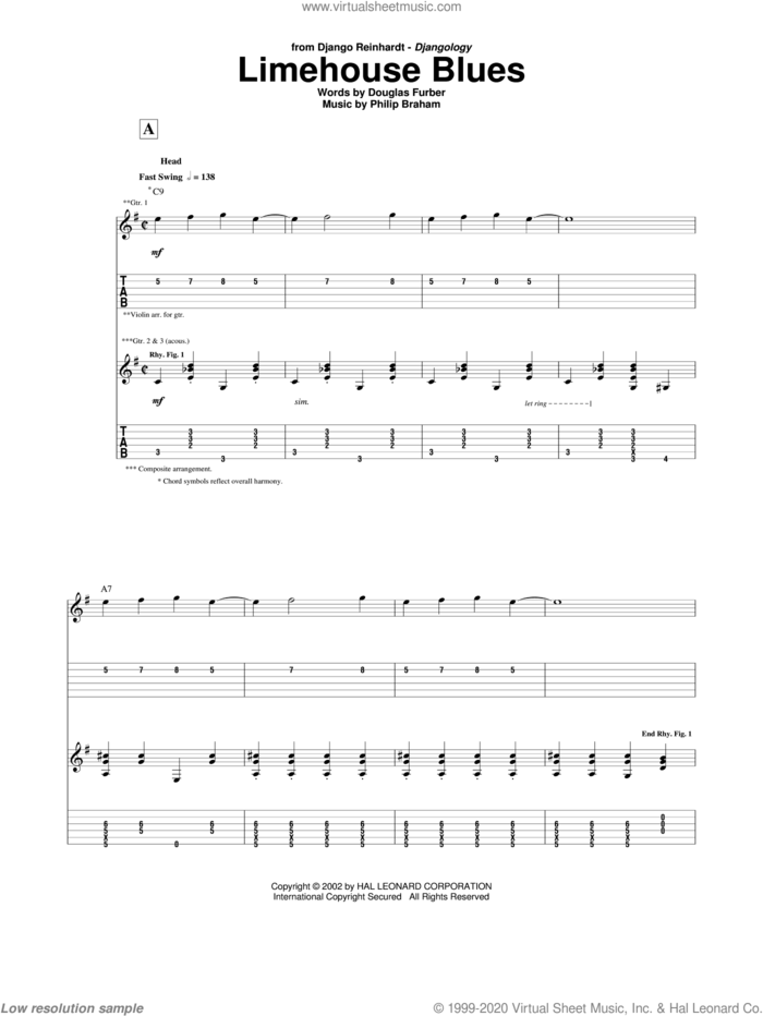 Limehouse Blues sheet music for guitar (tablature) by Django Reinhardt, Douglas Furber and Philip Braham, intermediate skill level