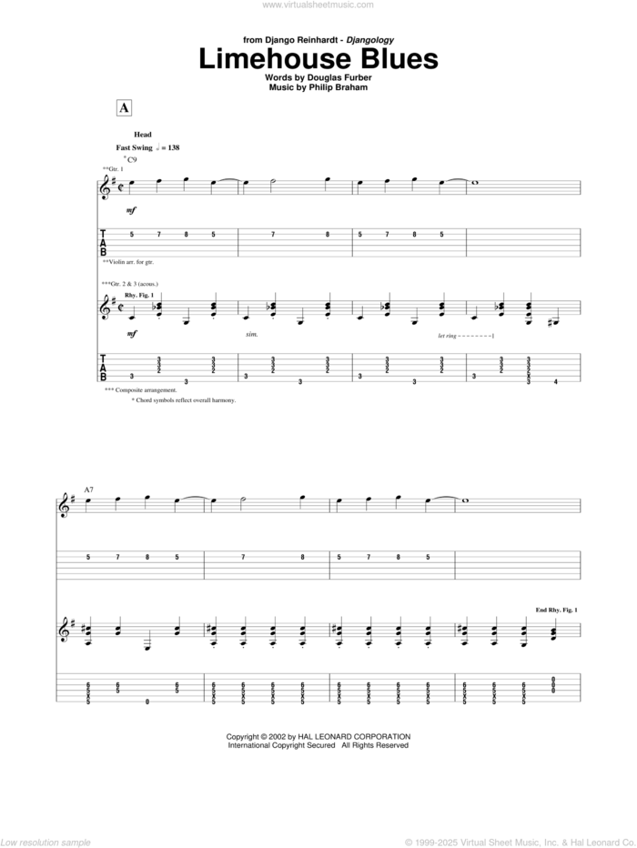 Limehouse Blues sheet music for guitar (tablature) by Django Reinhardt, Douglas Furber and Philip Braham, intermediate skill level