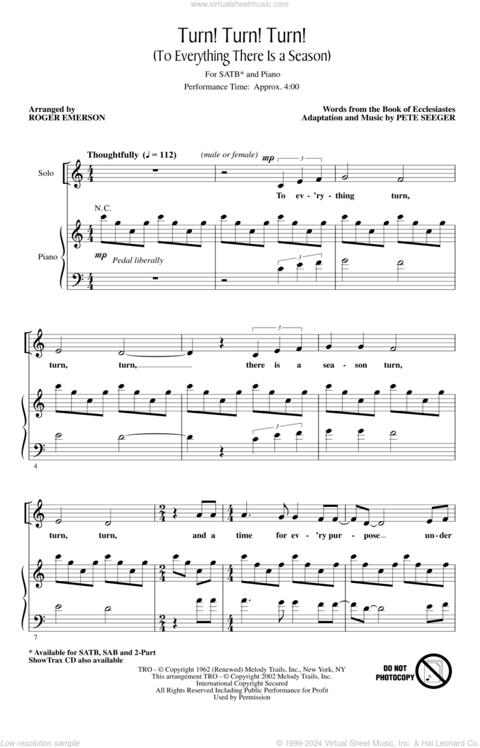 Turn! Turn! Turn! (To Everything There Is A Season) (arr. Roger Emerson) sheet music for choir (SATB: soprano, alto, tenor, bass) by The Byrds, Roger Emerson, Book of Ecclesiastes and Pete Seeger, intermediate skill level