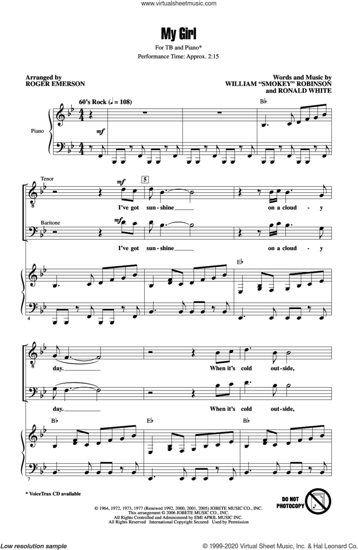 My Girl (arr. Roger Emerson) sheet music for choir (TB: tenor, bass) by The Temptations, Roger Emerson and Ronald White, intermediate skill level