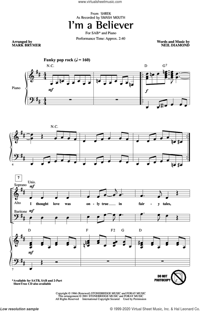 I'm A Believer (from Shrek) (arr. Mark Brymer) sheet music for choir (SAB: soprano, alto, bass) by Smash Mouth, Mark Brymer and Neil Diamond, intermediate skill level