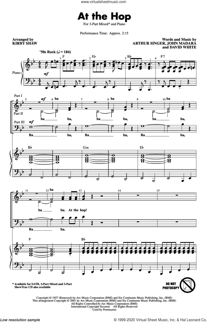 At The Hop (arr. Kirby Shaw) sheet music for choir (3-Part Mixed) by Danny & The Juniors, Kirby Shaw, Arthur Singer, David White and John Madara, intermediate skill level