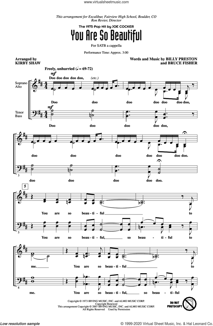 You Are So Beautiful (arr. Kirby Shaw) sheet music for choir (SATB: soprano, alto, tenor, bass) by Joe Cocker, Kirby Shaw, Billy Preston and Bruce Fisher, intermediate skill level
