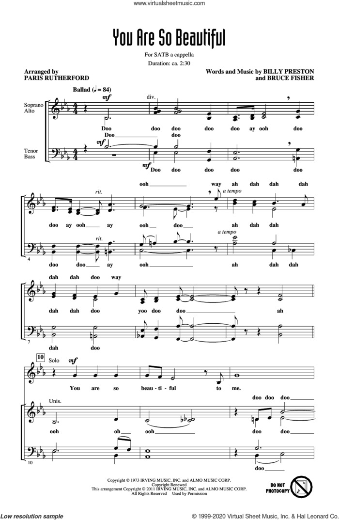 You Are So Beautiful (arr. Paris Rutherford) sheet music for choir (SATB: soprano, alto, tenor, bass) by Joe Cocker, Paris Rutherford, Billy Preston and Bruce Fisher, intermediate skill level