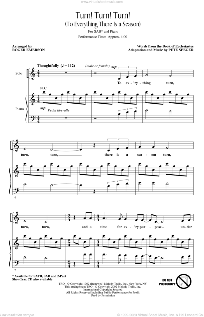 Turn! Turn! Turn! (To Everything There Is A Season) (arr. Roger Emerson) sheet music for choir (SAB: soprano, alto, bass) by The Byrds, Roger Emerson, Book of Ecclesiastes and Pete Seeger, intermediate skill level