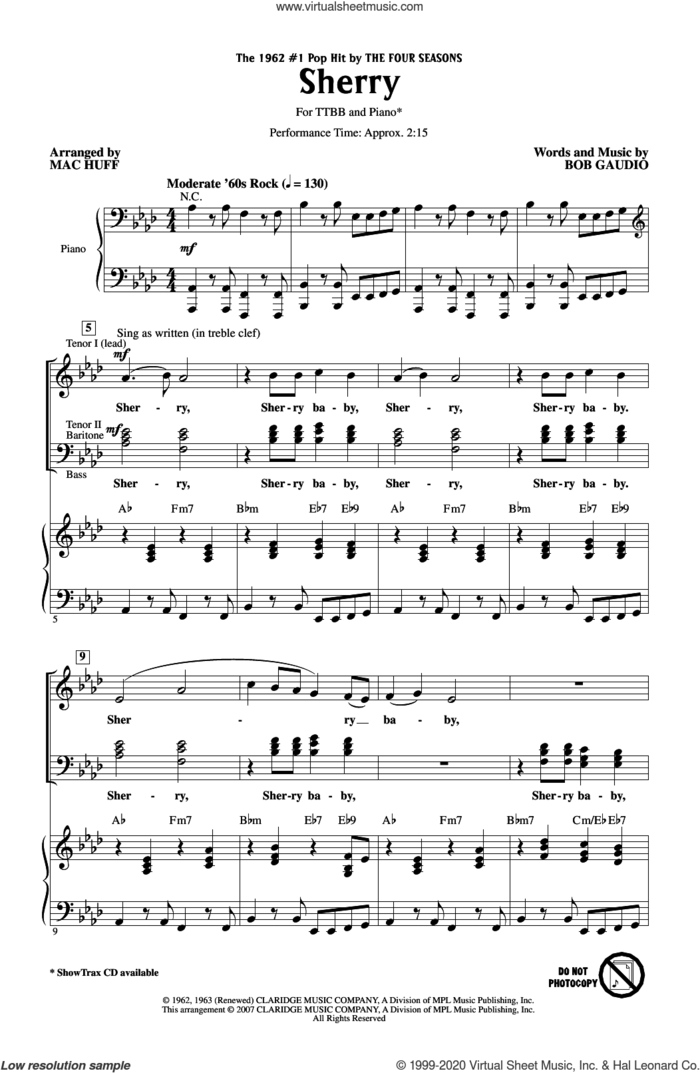 Sherry (arr. Mac Huff) sheet music for choir (TTBB: tenor, bass) by The Four Seasons, Mac Huff and Bob Gaudio, intermediate skill level