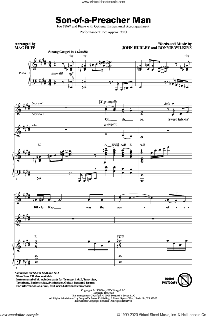 Son-Of-A-Preacher Man (arr. Mac Huff) sheet music for choir (SSA: soprano, alto) by Dusty Springfield, Mac Huff, John Hurley and Ronnie Wilkins, intermediate skill level