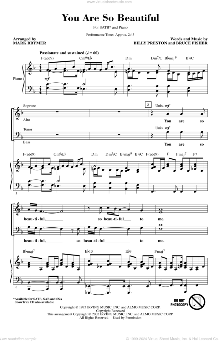 You Are So Beautiful (arr. Mark Brymer) sheet music for choir (SATB: soprano, alto, tenor, bass) by Joe Cocker, Mark Brymer, Billy Preston and Bruce Fisher, intermediate skill level