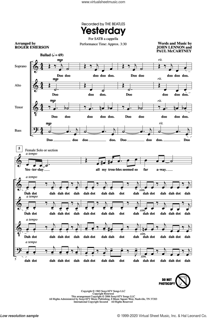Yesterday (arr. Roger Emerson) sheet music for choir (SATB: soprano, alto, tenor, bass) by The Beatles, Roger Emerson, John Lennon and Paul McCartney, intermediate skill level