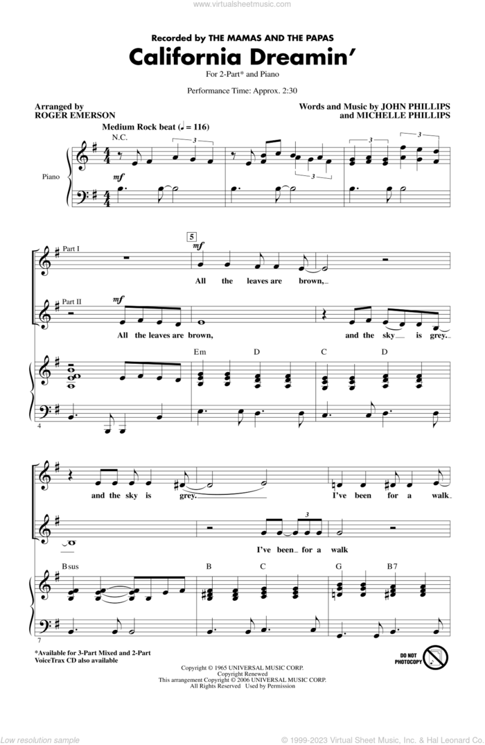 California Dreamin' (arr. Roger Emerson) sheet music for choir (2-Part) by The Mamas & The Papas, Roger Emerson, John Phillips and Michelle Phillips, intermediate duet