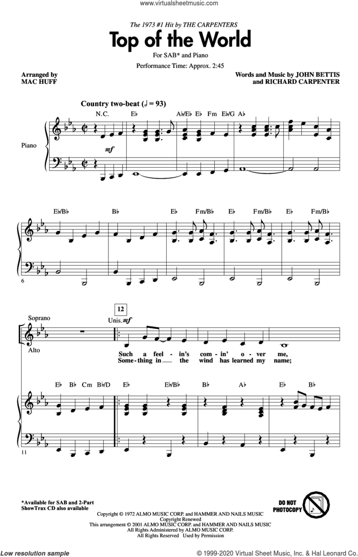 Top Of The World (arr. Mac Huff) sheet music for choir (SAB: soprano, alto, bass) by Carpenters, Mac Huff, John Bettis and Richard Carpenter, intermediate skill level