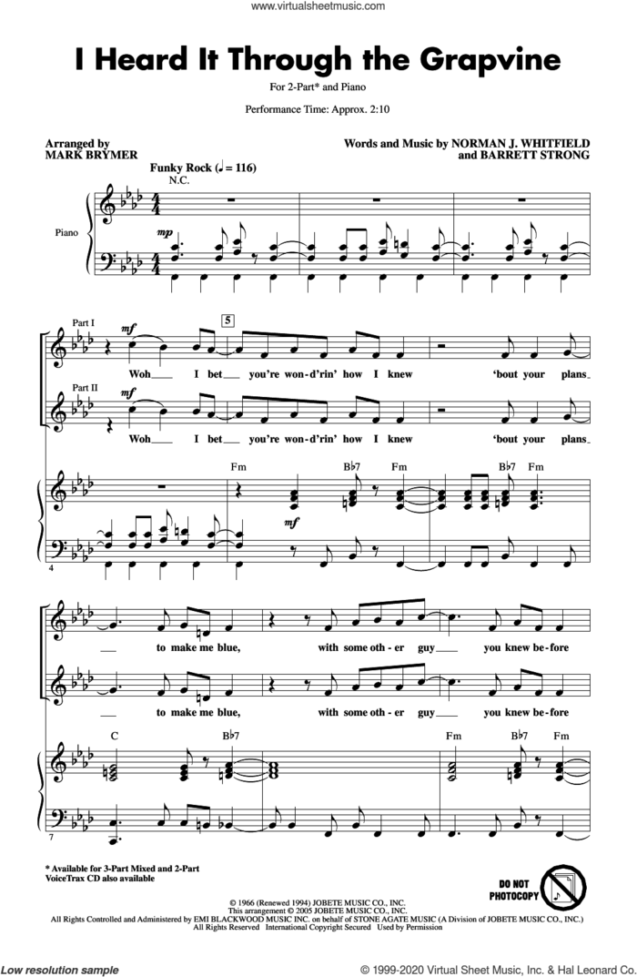 I Heard It Through The Grapevine (arr. Mark Brymer) sheet music for choir (2-Part) by Marvin Gaye, Mark Brymer, Barrett Strong and Norman Whitfield, intermediate duet