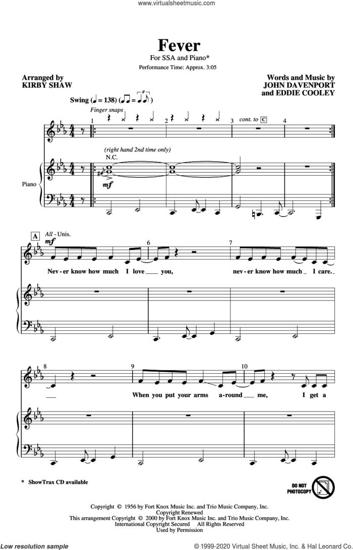 Fever (arr. Kirby Shaw) sheet music for choir (SSA: soprano, alto) by Peggy Lee, Kirby Shaw, Eddie Cooley and John Davenport, intermediate skill level