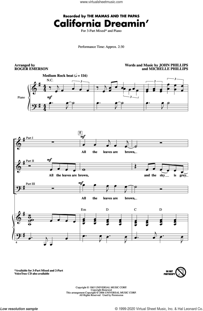 California Dreamin' (arr. Roger Emerson) sheet music for choir (3-Part Mixed) by The Mamas & The Papas, Roger Emerson, John Phillips and Michelle Phillips, intermediate skill level