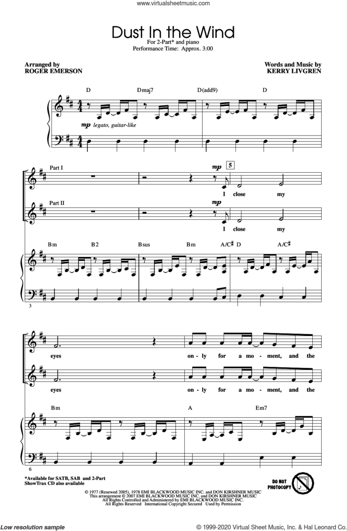 Dust In The Wind (arr. Roger Emerson) sheet music for choir (2-Part) by Kansas, Roger Emerson and Kerry Livgren, intermediate duet